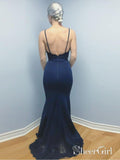 Spaghetti Strap Navy Blue Mermaid Prom Dresses Backless Evening Dress APD3312-SheerGirl