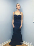 Spaghetti Strap Navy Blue Mermaid Prom Dresses Backless Evening Dress APD3312-SheerGirl