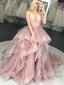 Spaghetti Strap Pink Long Ball Gown Prom Dresses with Ruffle Skirt ARD2069