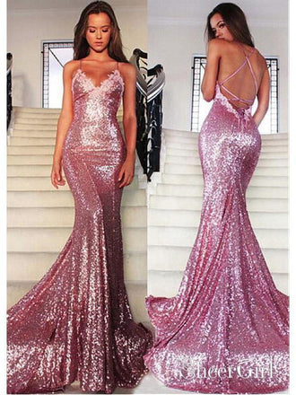 Spaghetti Strap Pink Mermaid Prom Dresses Sexy Backless Formal Dresses apd1870-SheerGirl