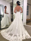 Spaghetti Strap Printed Backless Lace Beach Wedding Dresses with Sash SWD0064-SheerGirl
