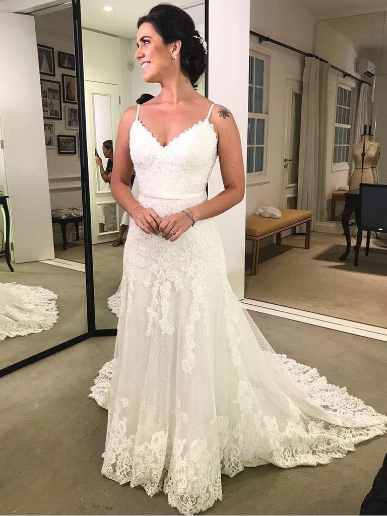 Spaghetti Strap Printed Backless Lace Beach Wedding Dresses with Sash SWD0064 Spaghetti Strap Printed Backless Lace Beach Wedding Dresses with Sash SWD0064