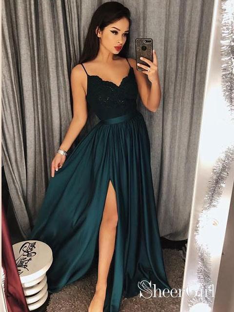 Spaghetti Strap Prom Dresses Long Lace V Neck Maxi High Split Evening Ball Gowns 2018 APD3264-SheerGirl