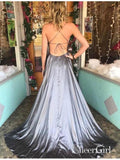 Spaghetti Strap Satin Backless Grey Prom Dresses Cheap Long Formal Dress APD3347-SheerGirl
