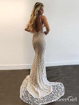 Spaghetti Strap Sexy Deep V Neck Mermaid Lace Prom Dress with Train ARD1855-SheerGirl