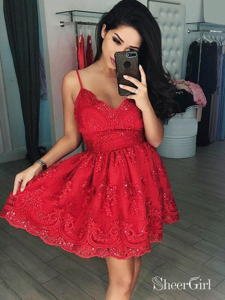 Viniodress Red Lace Appliqued Tight Homecoming Dresses Spaghetti Strap Cocktail Dress SD1240 Black / US10