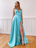Spaghetti Strap Simple Prom Dresses with High Slit Lace Up Back V Neck Satin Prom Dress ARD2113-SheerGirl