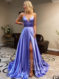 Spaghetti Strap Simple Prom Dresses with High Slit Lace Up Back V Neck Satin Prom Dress ARD2113-SheerGirl