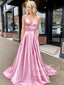 Spaghetti Strap Simple Prom Dresses with High Slit Lace Up Back V Neck Satin Prom Dress ARD2113