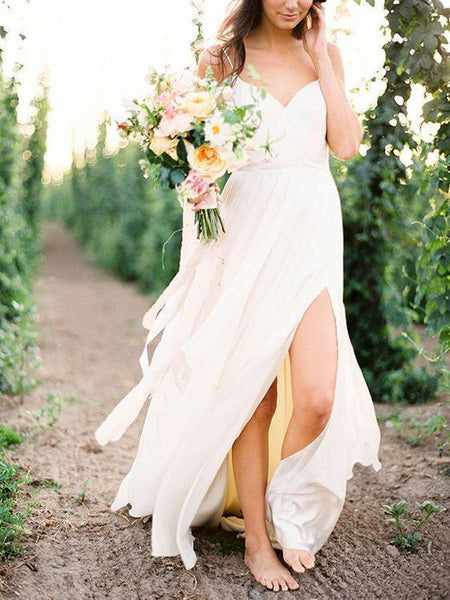 Spaghetti Strap Simple Summer Wedding Dresses Cheap Wedding Dresses with  Slit AWD1114