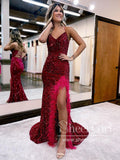 Spaghetti Strap Sparkly Prom Dresses with Slit Sheath Formal Dress Feather Decoration ARD2908-SheerGirl