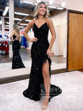 Spaghetti Strap Sparkly Prom Dresses with Slit Sheath Formal Dress Feather Decoration ARD2908-SheerGirl