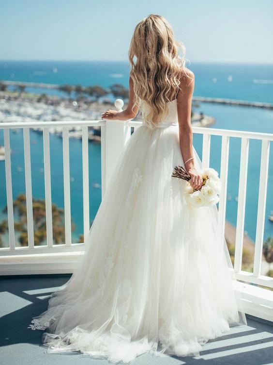 Spaghetti Strap Sweetheart Neck Ivory Tulle Beach Wedding Dresses AWD1228-SheerGirl