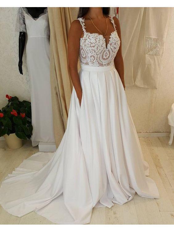 Spaghetti Strap Sweetheart Neck Lace Top Wedding Dress with Pocket apd2406-SheerGirl