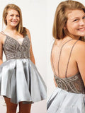 Spaghetti Strap V Neck A Line Homecoming Dresses Silver Short Prom Dress ARD1488-SheerGirl
