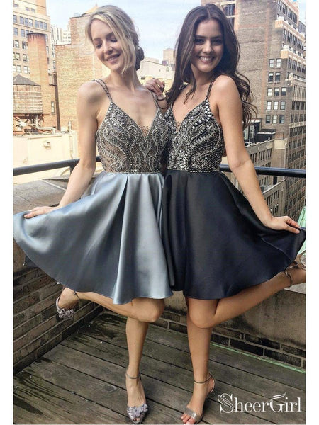 short black and silver dress Short Black-Silver Velvet Evening Dress ABK674