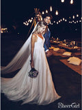 Spaghetti Strap V Neck Beach Wedding Dresses Backless Summer Bridal Dresses AWD1170-SheerGirl