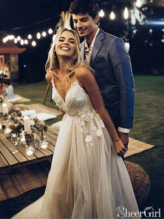 Spaghetti Strap V Neck Beach Wedding Dresses Backless Summer Bridal Dresses AWD1170-SheerGirl