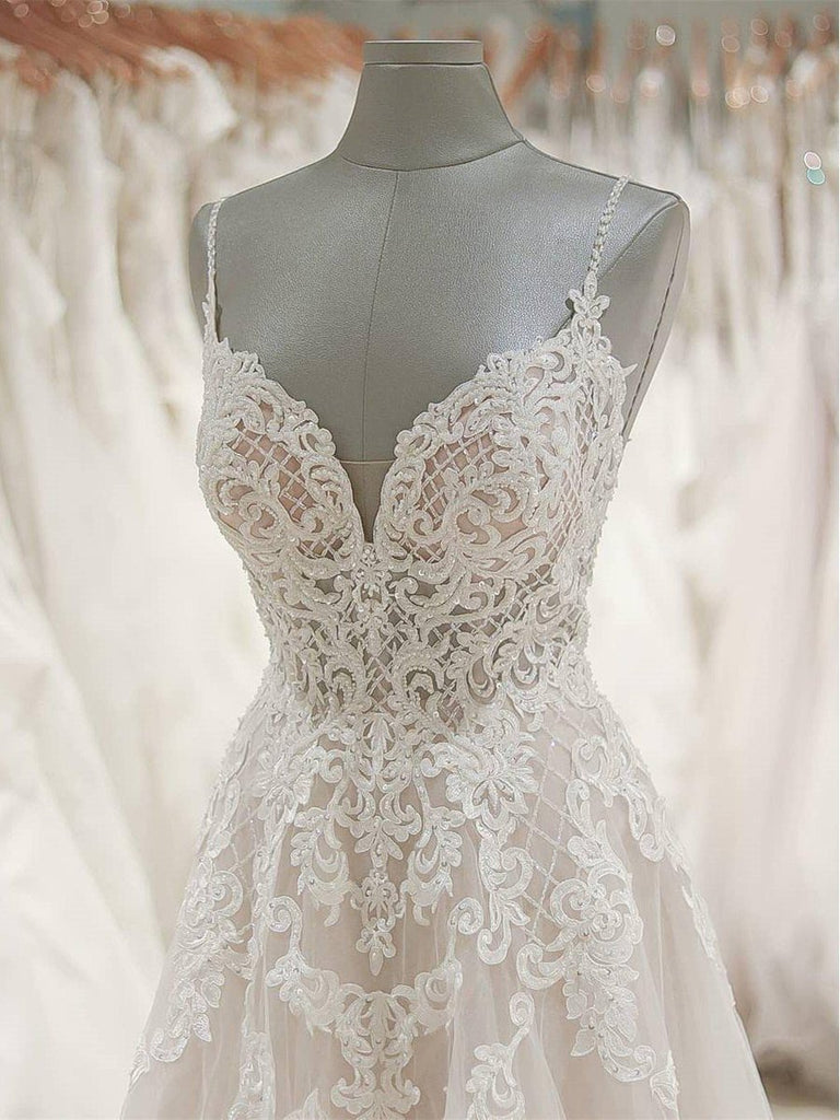 Spaghetti Strap V Neck Beach Wedding Dresses Beaded Bodice Wedding Dress AWD1180