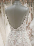 Spaghetti Strap V Neck Beach Wedding Dresses Beaded Bodice Wedding Dress AWD1180-SheerGirl