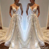 Spaghetti Strap V Neck Boho Lace Wedding Dresses with Pockets AWD1423-SheerGirl
