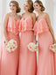 Spaghetti Strap V Neck Coral Long Bridsmaid Dresses Plus Size ARD1385