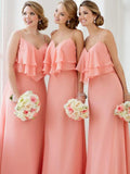 Spaghetti Strap V Neck Coral Long Bridsmaid Dresses Plus Size ARD1385-SheerGirl
