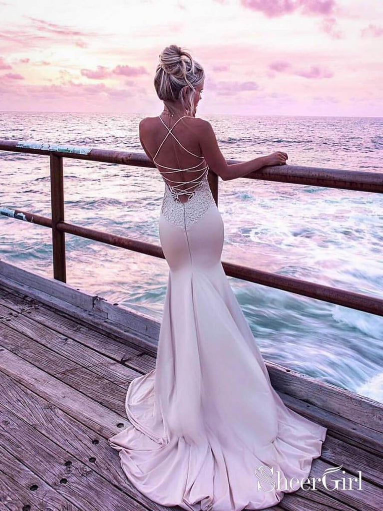 Spaghetti Strap V Neck Lace Satin Mermaid Prom Dress ARD1887-SheerGirl