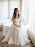 Spaghetti Strap V Neck Lace&Chiffon Beach Wedding Dresses with Crystal Sash AWD1282-SheerGirl
