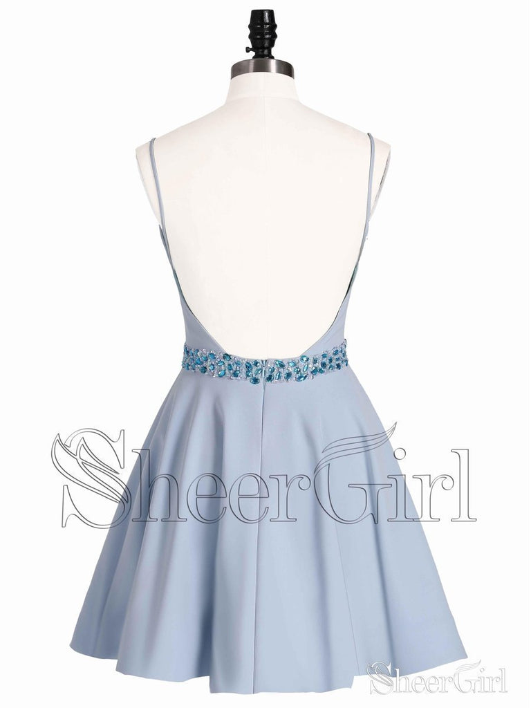 Spaghetti Strap V Neck Light Blue Homecoming Dresses with Rhinestone ARD1605-SheerGirl