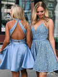 Spaghetti Strap V Neck Light Blue Lace Homecoming Dresses Chic Backless Hoco Dress ARD1786-SheerGirl