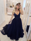 Spaghetti Strap V Neck Navy Blue Prom Dresses Long Formal Dress ARD2110-SheerGirl