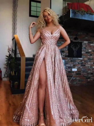 Spaghetti Strap V Neck Rose Gold Prom Dresses Sexy Side Slit Prom Dress ARD1917-SheerGirl
