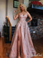 Spaghetti Strap V Neck Rose Gold Prom Dresses Sexy Side Slit Prom Dress ARD1917