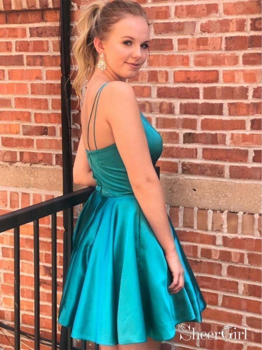 green emerald velvet dress Spaghetti Strap V Neck Satin Homecoming Dresses Peacock Blue Graduation Dress ARD1471