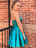 Spaghetti Strap V Neck Satin Homecoming Dresses Peacock Blue Graduation Dress ARD1471-SheerGirl