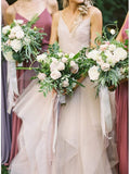 Spaghetti Strap V Neck Silver Grey Ball Gown Wedding Dresses with Organza Ruffles AWD1281-SheerGirl