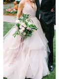 Spaghetti Strap V Neck Silver Grey Ball Gown Wedding Dresses with Organza Ruffles AWD1281-SheerGirl