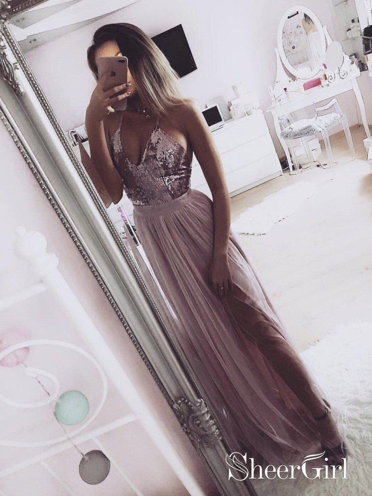 Spaghetti Strap V Neck Silver Prom Dresses with Slit Cheap Sexy Formal Dress ARD1738-SheerGirl