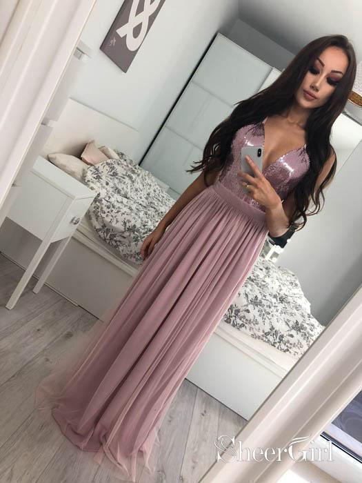 Spaghetti Strap V Neck Silver Prom Dresses with Slit Cheap Sexy Formal Dress ARD1738-SheerGirl