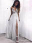 Spaghetti Strap V Neck Silver Prom Dresses with Slit Cheap Sexy Formal Dress ARD1738