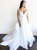 Spaghetti Strap V Neck Wedding Dresses Backless Layered Bridal Dress AWD1338-SheerGirl