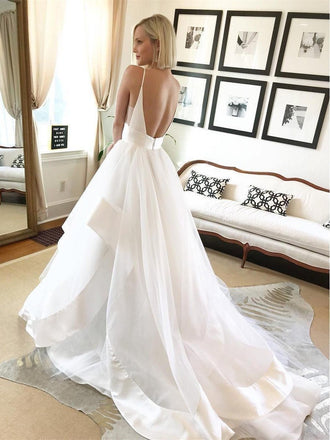 Spaghetti Strap V Neck Wedding Dresses Backless Layered Bridal Dress AWD1338-SheerGirl