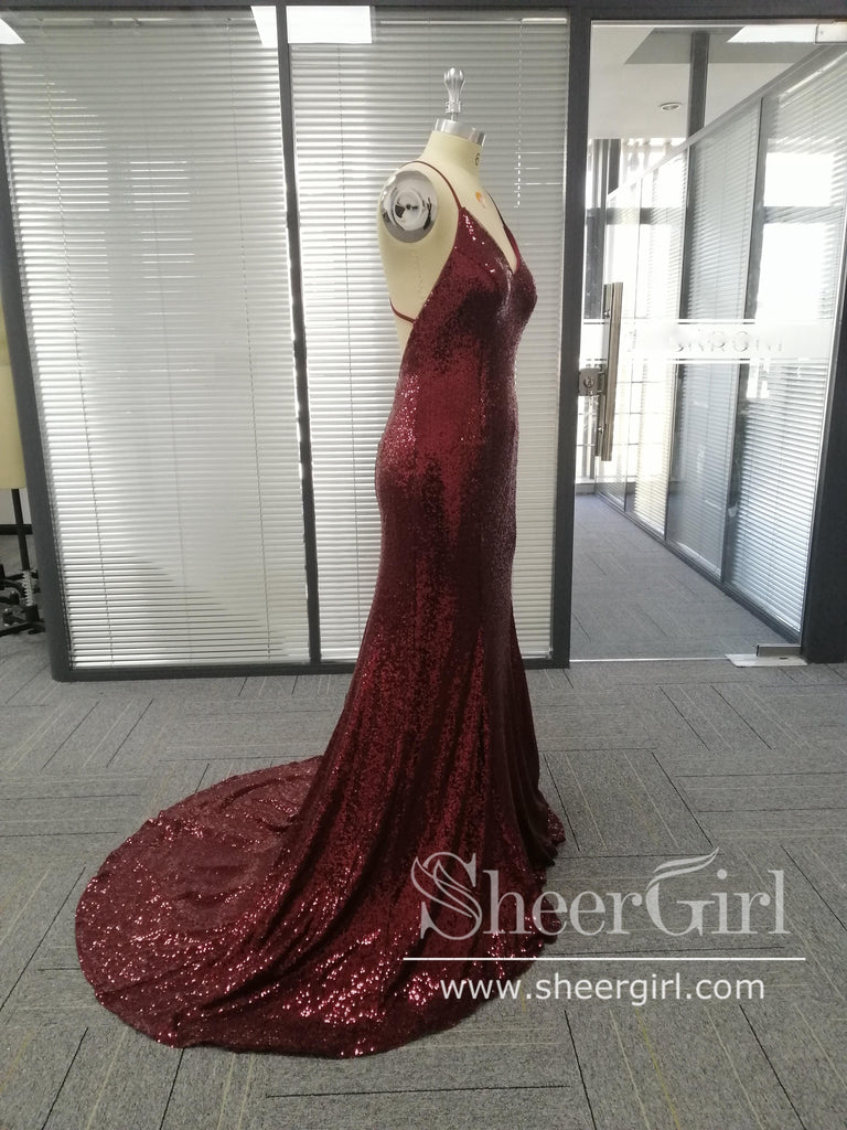 Spaghetti Strap V-neck Burgundy Sequins Sexy Mermaid Prom Dresses APD2835-SheerGirl