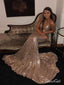Spaghetti Strap V-neck Sequins Lace Mermaid Prom Dresses Backless APD2773