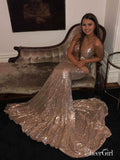 Spaghetti Strap V-neck Sequins Lace Mermaid Prom Dresses Backless APD2773-SheerGirl