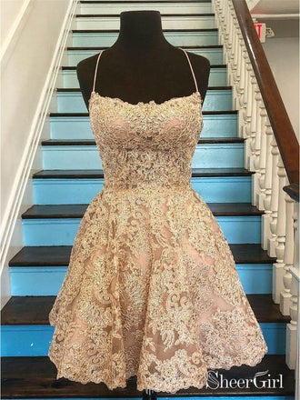 Spaghetti Strap Vintage Gold Lace Applique Homecoming Dresses ARD1746-SheerGirl