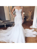 Spaghetti Strap Vintage Mermaid Wedding Dresses Lace Applique Wedding Dress AWD1248-SheerGirl