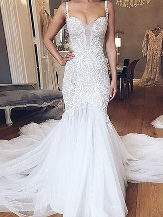 Spaghetti Strap Vintage Mermaid Wedding Dresses Lace Applique Wedding Dress AWD1248-SheerGirl