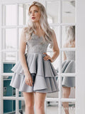 Spaghetti Strap Vintage Silver Grey Lace Appliqued Mini Homecoming Dresses ARD1591-SheerGirl